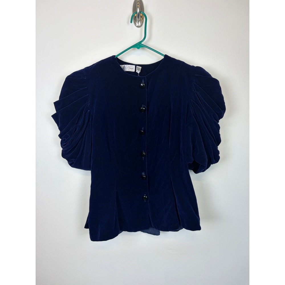 La Chine Galinda Wang Statement Top 12 Blue 80s VTG Velvet Puff Sleeve Regency
